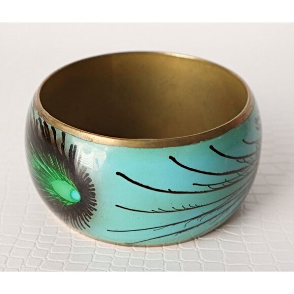 Vintage Peacock Feathers Enamel  Brass Wide Bangle Bracelet - Picture 2 of 4